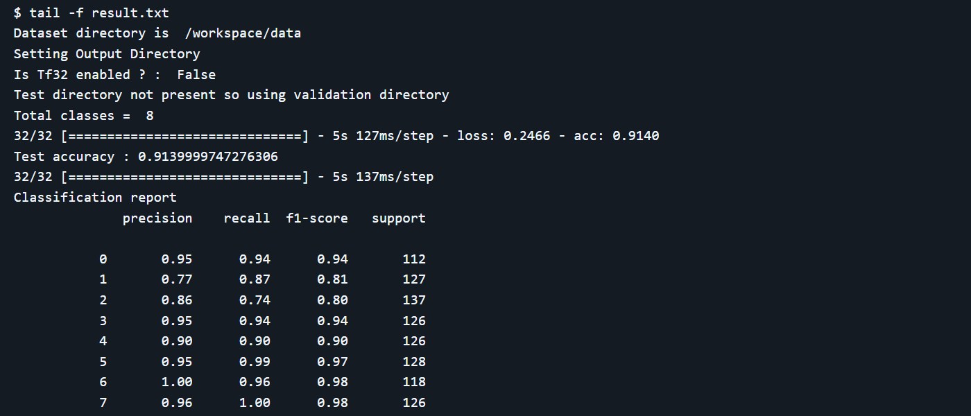 Sample inference run of the vision transfer-learning workflow showing 91% test accuracy and a per-class classification report
