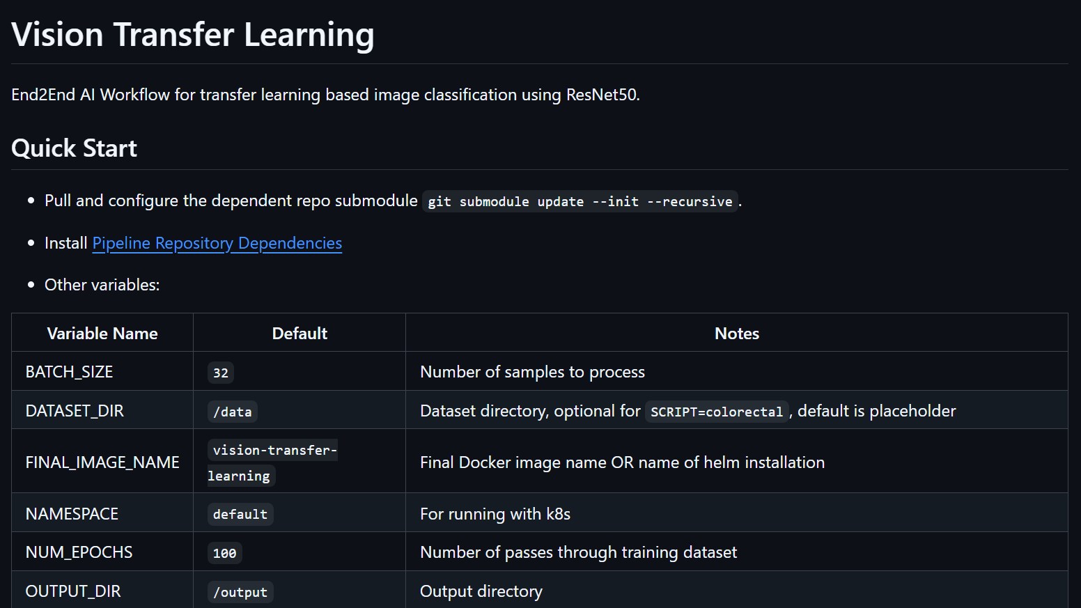 Vision Transfer Learning README on GitHub showing the quick start steps and configuration variables