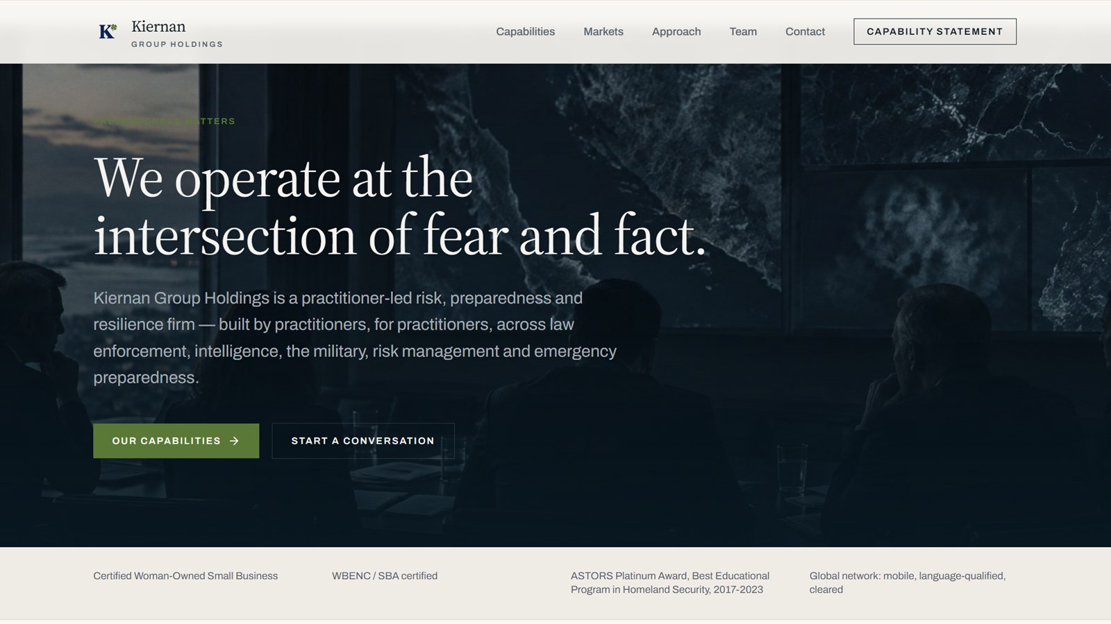 Kiernan Group Holdings homepage hero reading "We operate at the intersection of fear and fact."